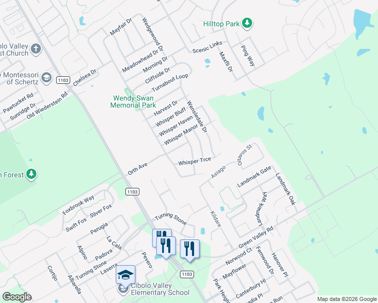 map of restaurants, bars, coffee shops, grocery stores, and more near 3900 Whisper Ridge in Schertz