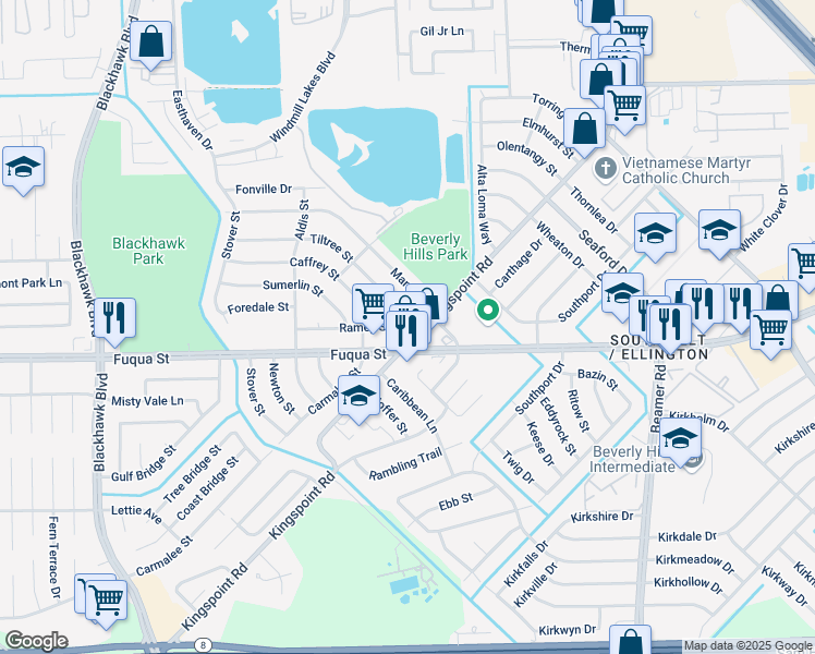map of restaurants, bars, coffee shops, grocery stores, and more near 10014 Ramey Street in Houston