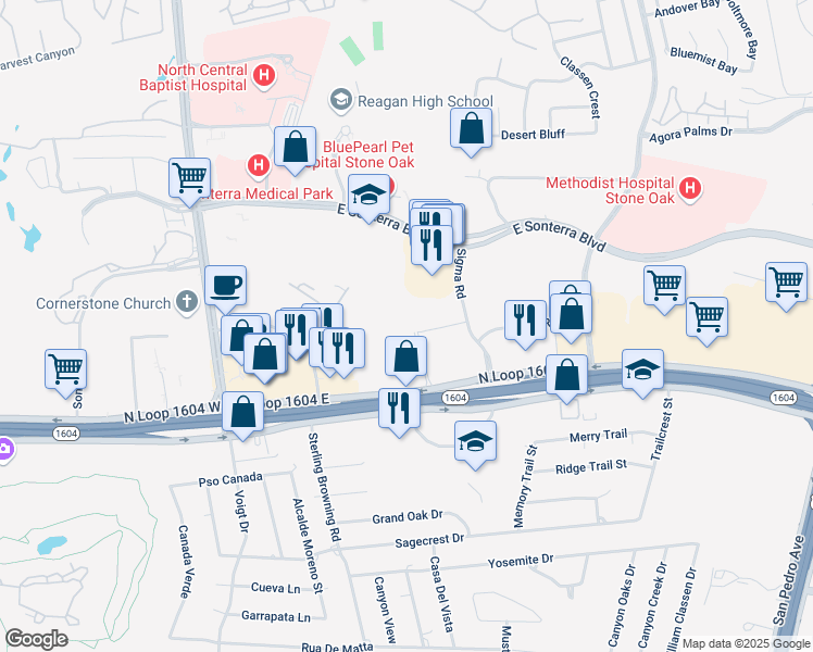 map of restaurants, bars, coffee shops, grocery stores, and more near 215 North Loop 1604 West in San Antonio