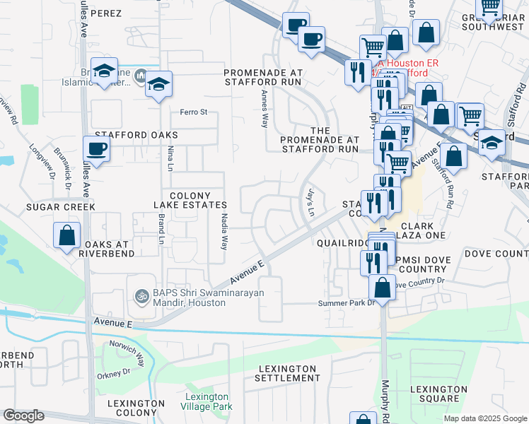 map of restaurants, bars, coffee shops, grocery stores, and more near 506 Marathon Place in Stafford