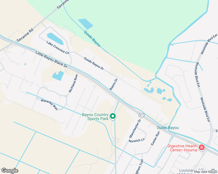 map of restaurants, bars, coffee shops, grocery stores, and more near Bayou Drive in Houma