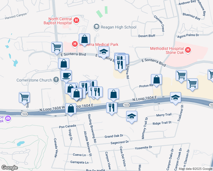 map of restaurants, bars, coffee shops, grocery stores, and more near 215 North Loop 1604 West in San Antonio