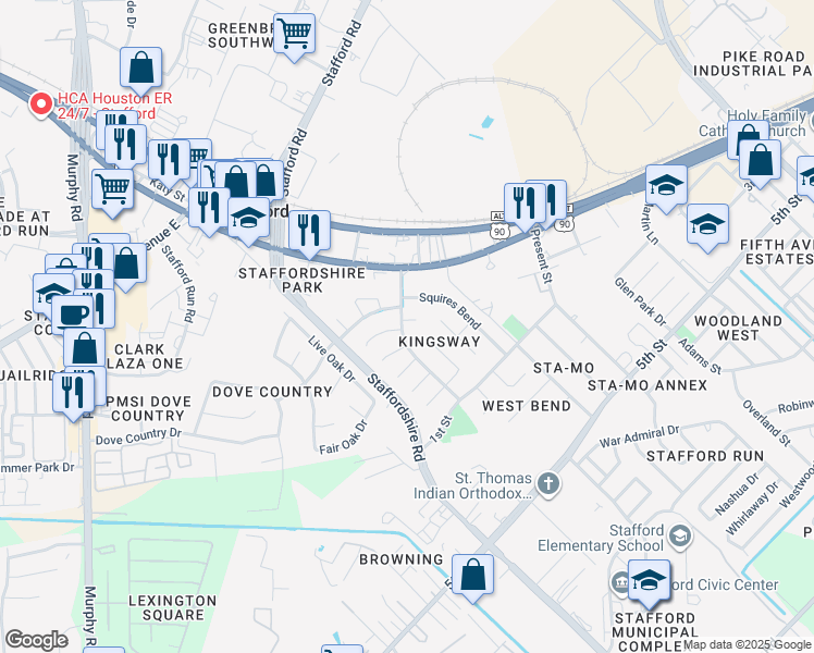 map of restaurants, bars, coffee shops, grocery stores, and more near 155 Kings Way in Stafford