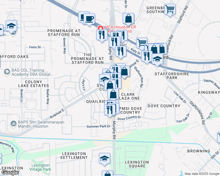 map of restaurants, bars, coffee shops, grocery stores, and more near 508 Murphy Road in Stafford