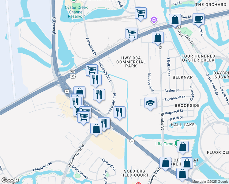 map of restaurants, bars, coffee shops, grocery stores, and more near 18544 University Boulevard in Sugar Land