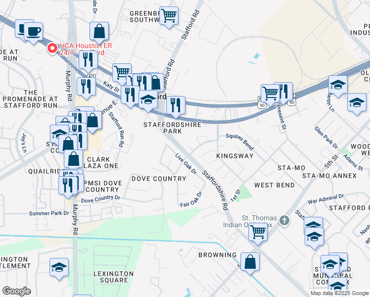 map of restaurants, bars, coffee shops, grocery stores, and more near 106 Crest Court in Stafford