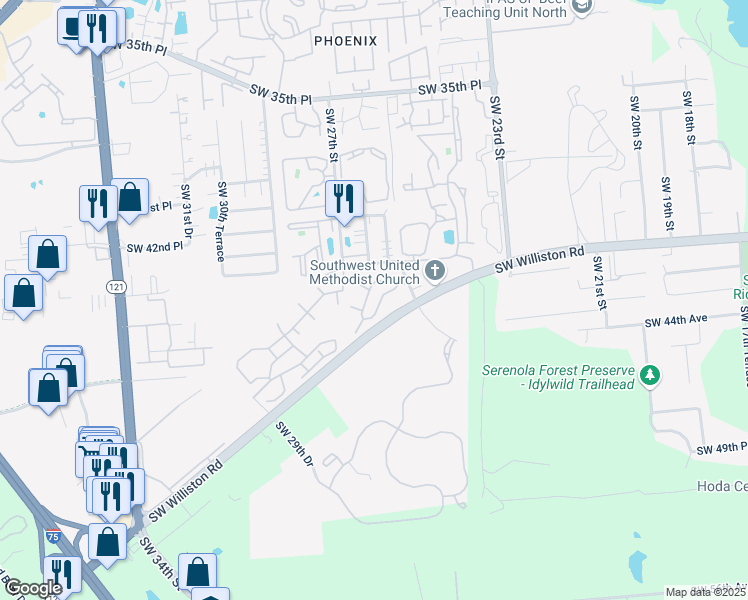 map of restaurants, bars, coffee shops, grocery stores, and more near 2600 Southwest Williston Road in Gainesville