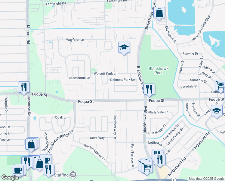 map of restaurants, bars, coffee shops, grocery stores, and more near 9202 Canady Park Lane in Houston