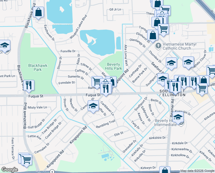 map of restaurants, bars, coffee shops, grocery stores, and more near 10014 Ramey Street in Houston