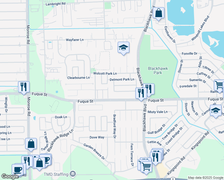 map of restaurants, bars, coffee shops, grocery stores, and more near 9202 Canady Park Lane in Houston