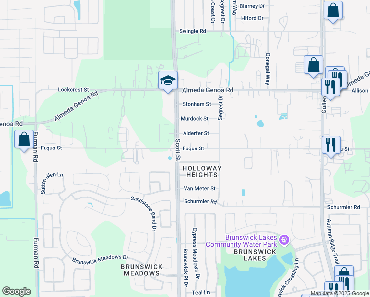 map of restaurants, bars, coffee shops, grocery stores, and more near Fuqua Street in Houston