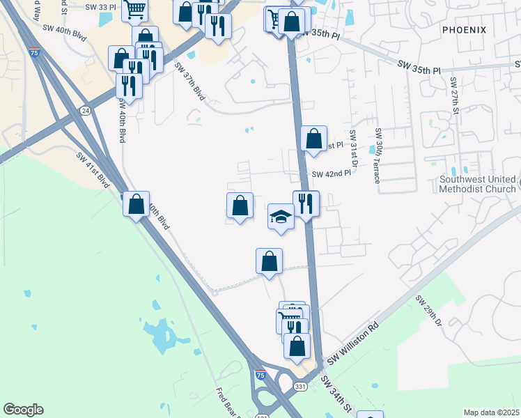 map of restaurants, bars, coffee shops, grocery stores, and more near 4435 SW 35 Terrace in Gainesville