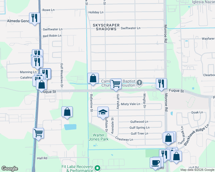 map of restaurants, bars, coffee shops, grocery stores, and more near 8102 Catalina Lane in Houston