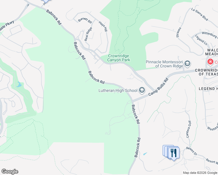 map of restaurants, bars, coffee shops, grocery stores, and more near 18379 Babcock Road in San Antonio