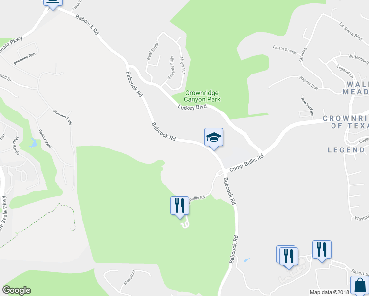 map of restaurants, bars, coffee shops, grocery stores, and more near 18379 Babcock Road in San Antonio