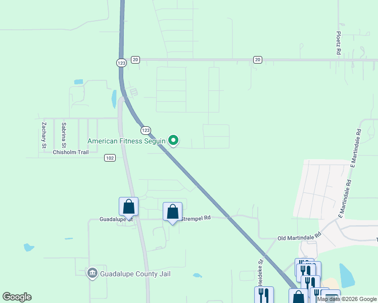 map of restaurants, bars, coffee shops, grocery stores, and more near 3511 North Austin Street in Seguin