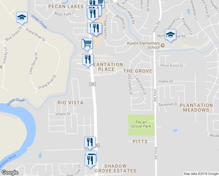 map of restaurants, bars, coffee shops, grocery stores, and more near 1202 Fm 359 Road in Richmond