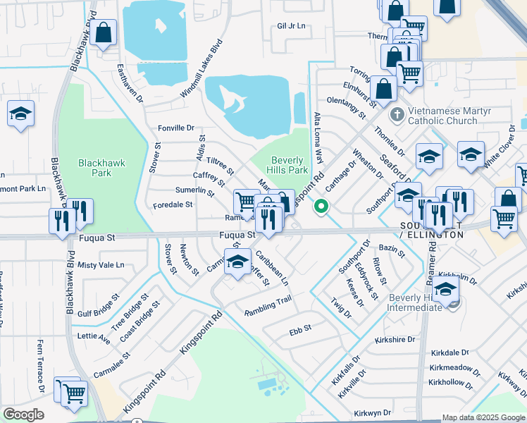 map of restaurants, bars, coffee shops, grocery stores, and more near 9949 Tiltree Street in Houston