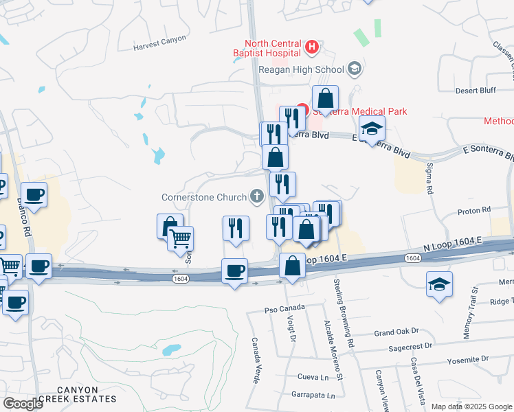 map of restaurants, bars, coffee shops, grocery stores, and more near 18755 Stone Oak Parkway in San Antonio