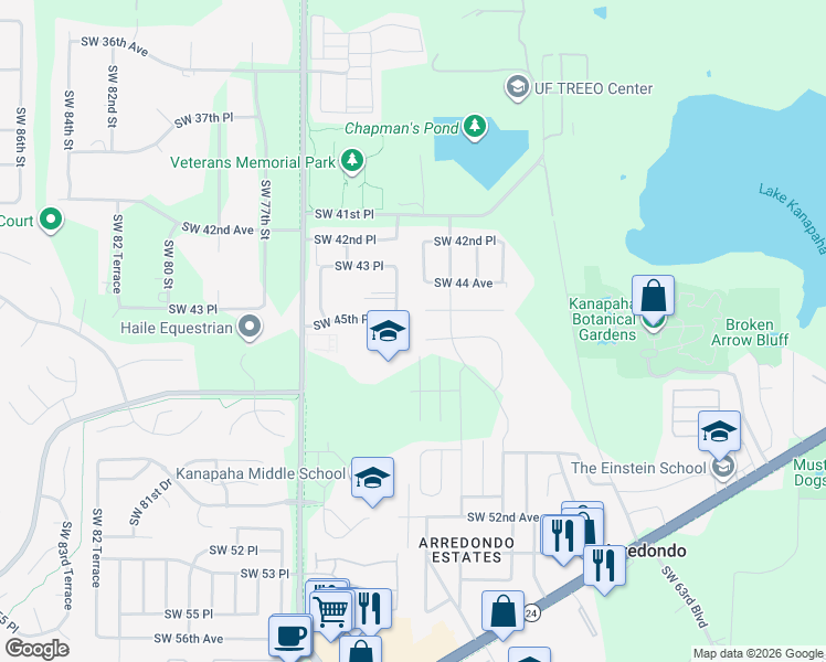 map of restaurants, bars, coffee shops, grocery stores, and more near 7120 Southwest 45th Place in Gainesville