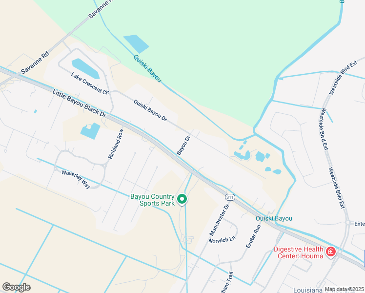 map of restaurants, bars, coffee shops, grocery stores, and more near Bayou Drive in Houma