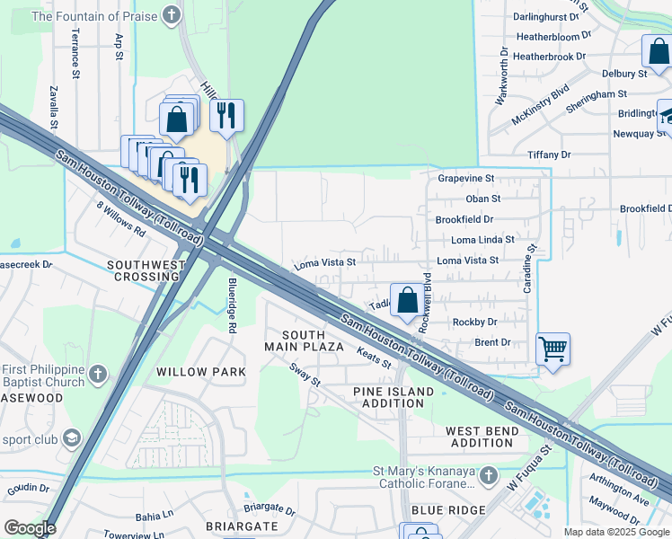 map of restaurants, bars, coffee shops, grocery stores, and more near 6726 Loma Vista Street in Houston