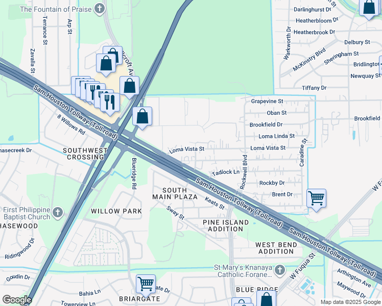 map of restaurants, bars, coffee shops, grocery stores, and more near 6814 Loma Vista Street in Houston