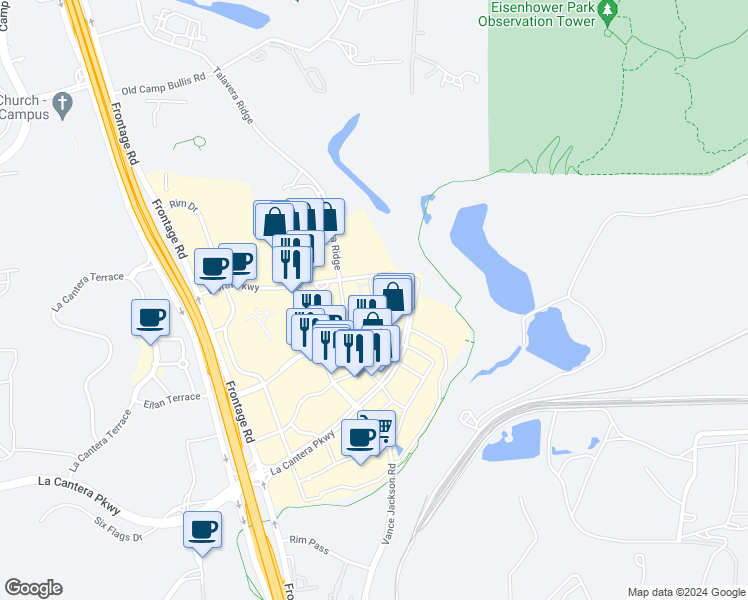 map of restaurants, bars, coffee shops, grocery stores, and more near 5650 Worth Parkway in San Antonio