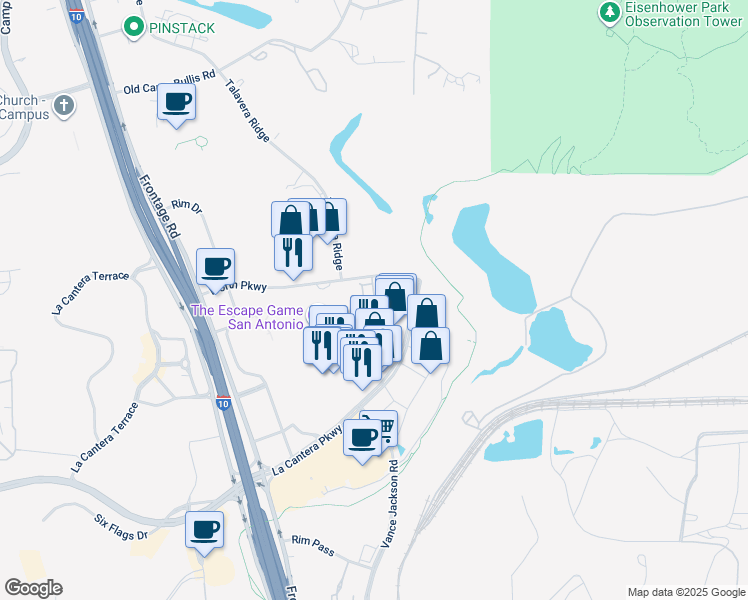 map of restaurants, bars, coffee shops, grocery stores, and more near 5650 Worth Parkway in San Antonio