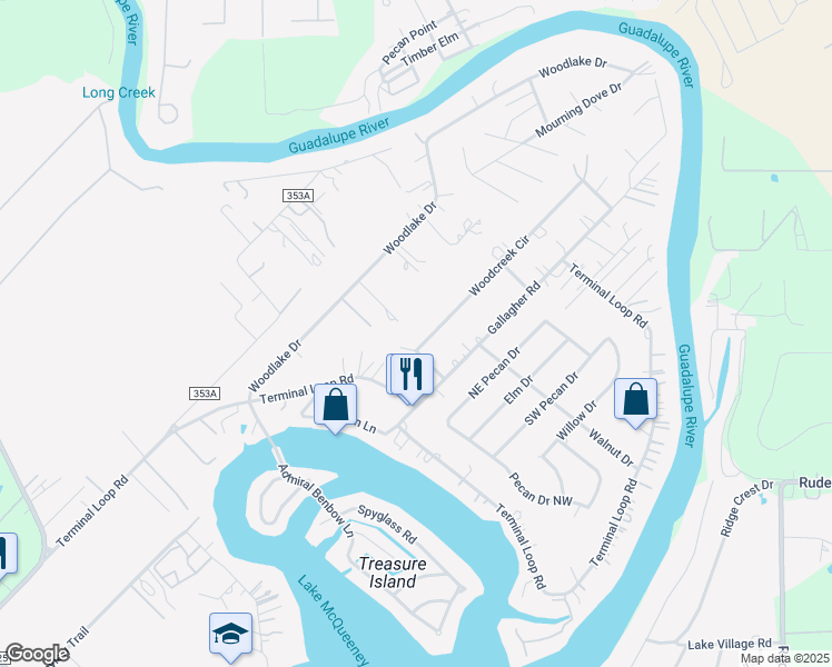 map of restaurants, bars, coffee shops, grocery stores, and more near 512 Woodlake Drive in McQueeney