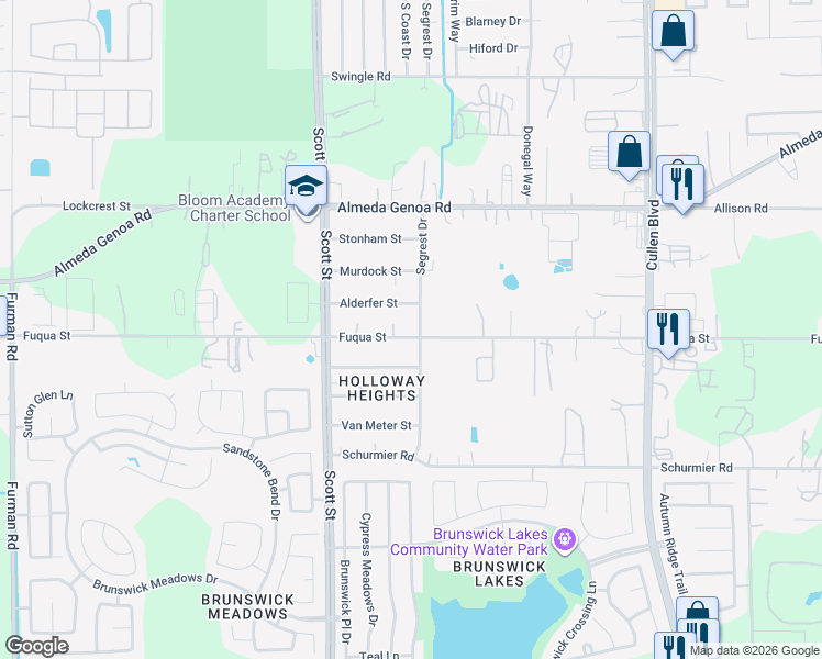 map of restaurants, bars, coffee shops, grocery stores, and more near 13533 Segrest Drive in Houston