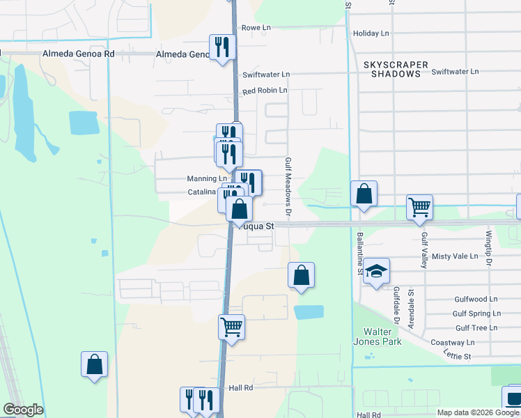 map of restaurants, bars, coffee shops, grocery stores, and more near 10505 Telephone Road in Houston