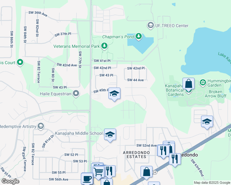 map of restaurants, bars, coffee shops, grocery stores, and more near 7120 Southwest 45th Place in Gainesville