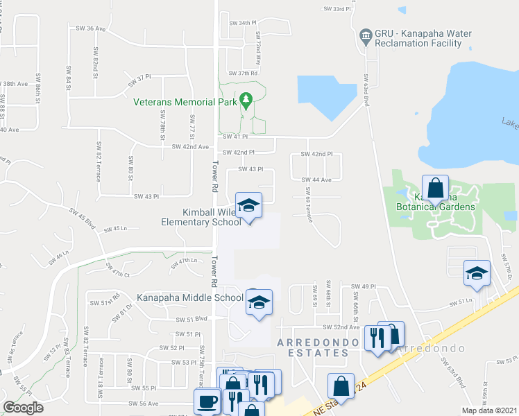 map of restaurants, bars, coffee shops, grocery stores, and more near 7232 Southwest 45th Place in Gainesville