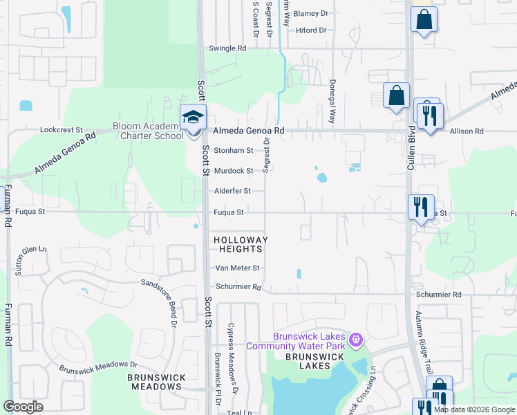 map of restaurants, bars, coffee shops, grocery stores, and more near 13533 Segrest Drive in Houston