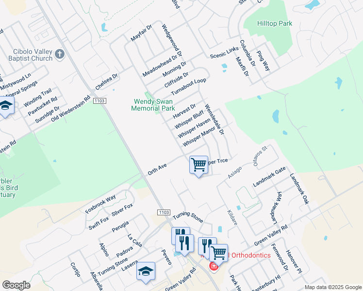 map of restaurants, bars, coffee shops, grocery stores, and more near 3301 Whisper Manor in Cibolo