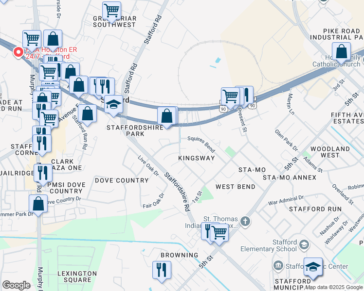 map of restaurants, bars, coffee shops, grocery stores, and more near 110 Squires Bend in Stafford