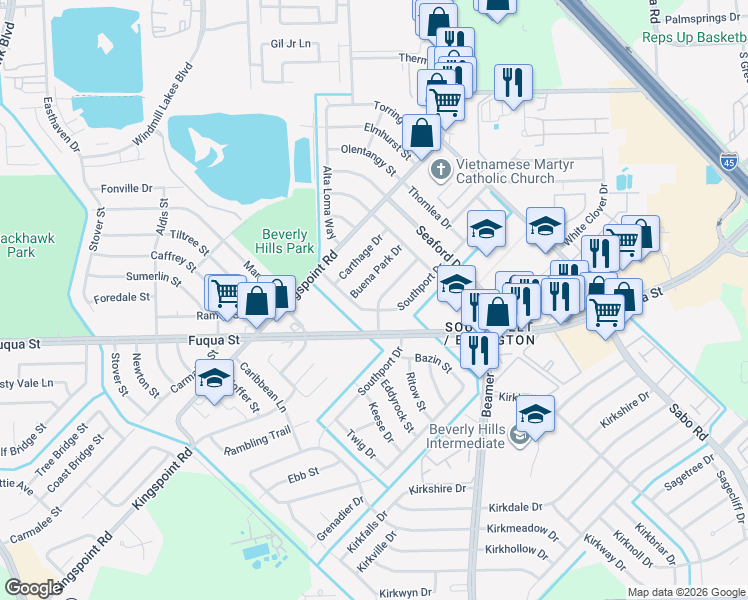 map of restaurants, bars, coffee shops, grocery stores, and more near 10210 Buena Park Drive in Houston