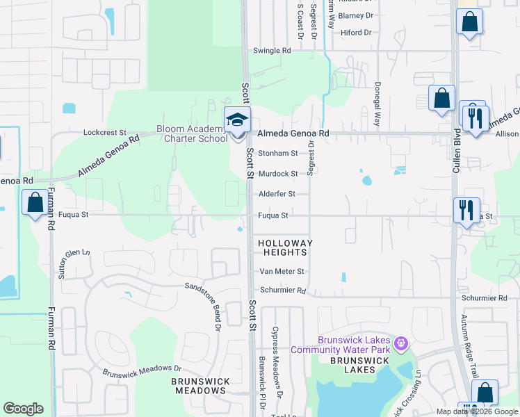 map of restaurants, bars, coffee shops, grocery stores, and more near 3518 Alderfer Street in Houston