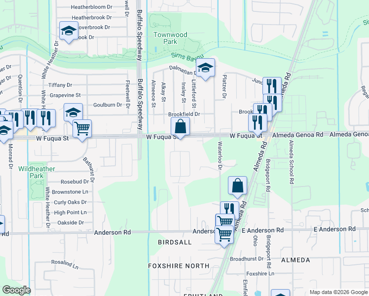 map of restaurants, bars, coffee shops, grocery stores, and more near 3315 West Fuqua Street in Houston