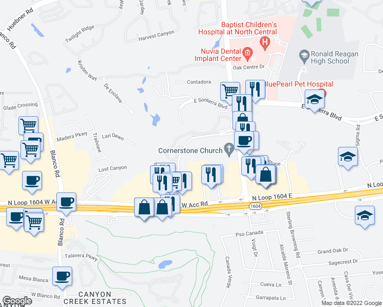 map of restaurants, bars, coffee shops, grocery stores, and more near 18514 Sonterra Place in San Antonio