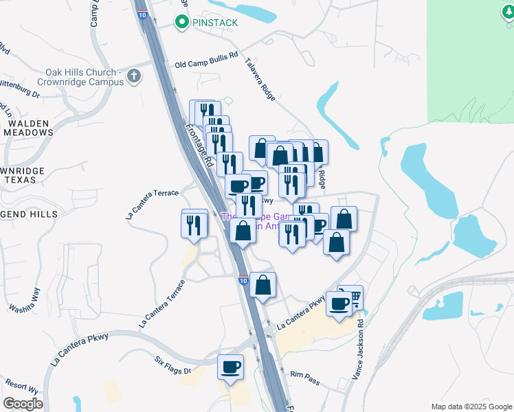 map of restaurants, bars, coffee shops, grocery stores, and more near 6028 Worth Parkway in San Antonio