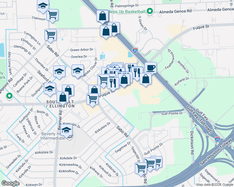 map of restaurants, bars, coffee shops, grocery stores, and more near 11116 Fuqua Street in Houston