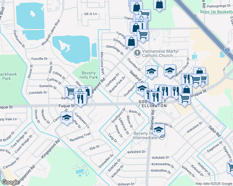 map of restaurants, bars, coffee shops, grocery stores, and more near 10210 Buena Park Drive in Houston