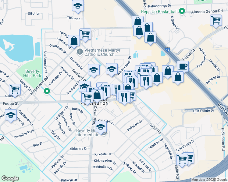 map of restaurants, bars, coffee shops, grocery stores, and more near 10617 Fuqua Street in Houston