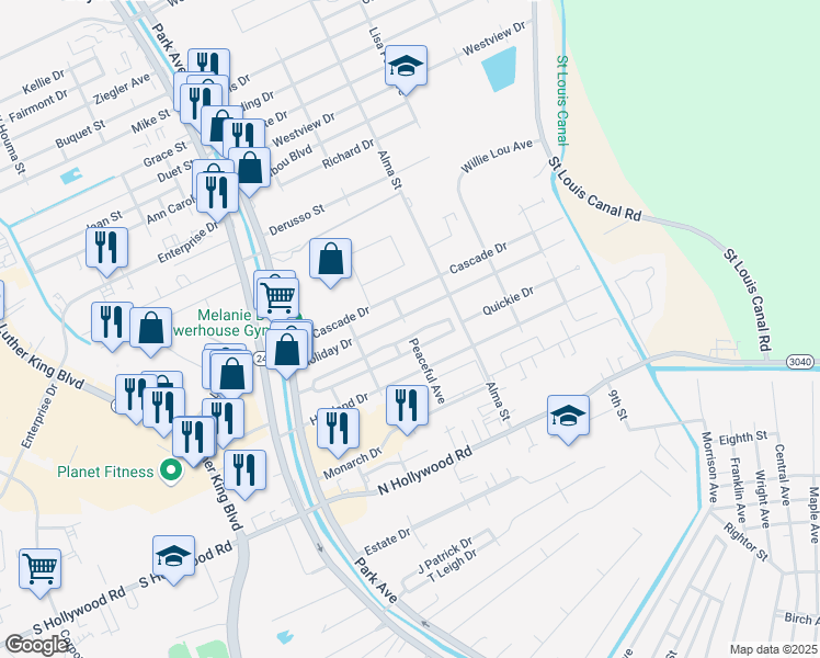 map of restaurants, bars, coffee shops, grocery stores, and more near 501 North French Quarter Drive in Houma