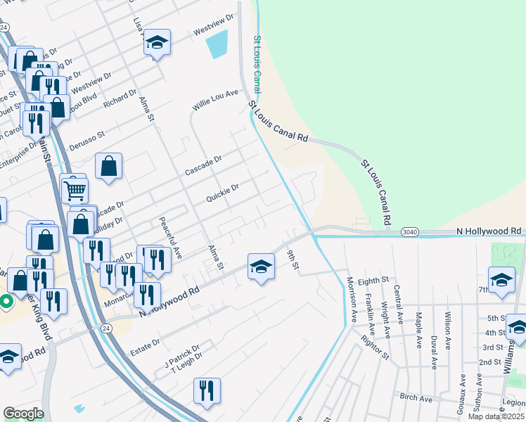 map of restaurants, bars, coffee shops, grocery stores, and more near 395 Monarch Drive in Houma