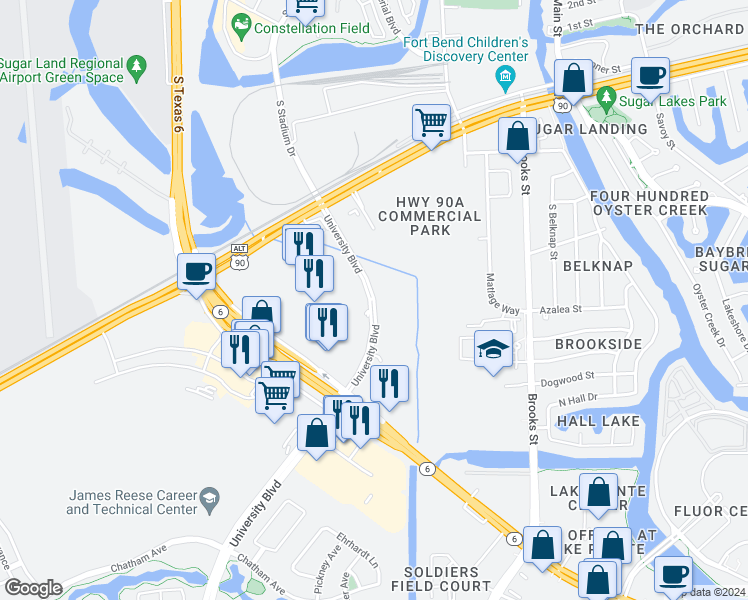 map of restaurants, bars, coffee shops, grocery stores, and more near 18455 University Boulevard in Sugar Land