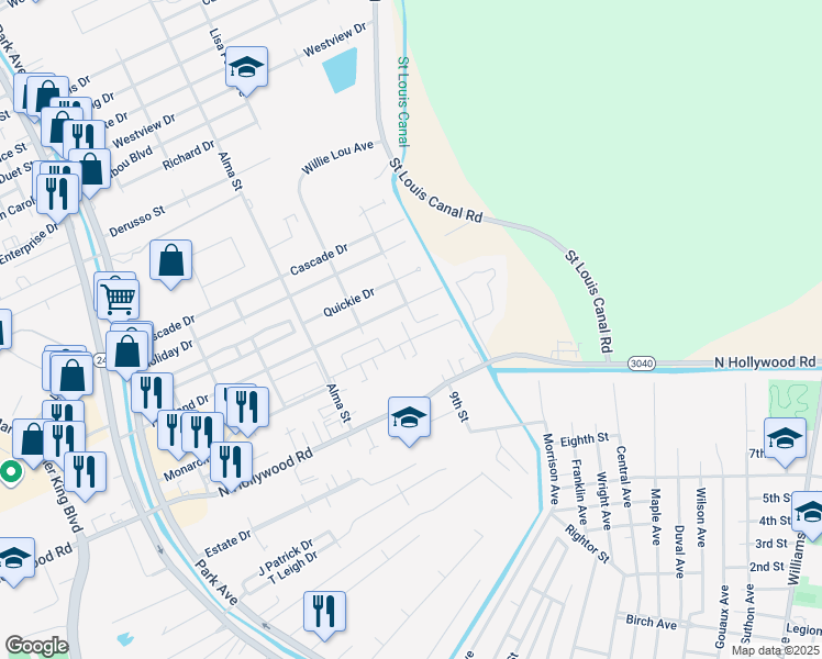 map of restaurants, bars, coffee shops, grocery stores, and more near 1537 Verna Street in Houma