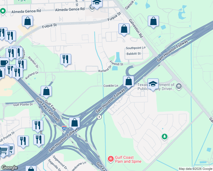 map of restaurants, bars, coffee shops, grocery stores, and more near 13523 Conklin Lane in Houston